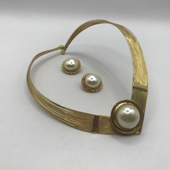 Gold-Tone Multi Layer Memory Wire Choker with Faux Pearl Focal & Earring Set - Picture 3 of 11